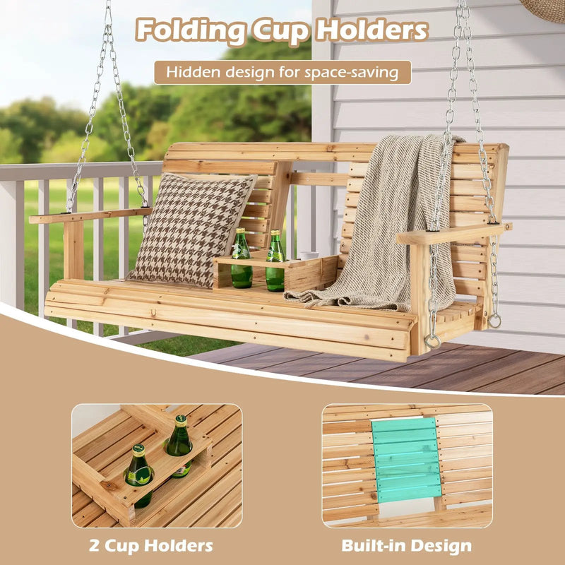 5 Feet Porch Swing Chair with Adjustable Chains and Foldable Cup Holders by DirectDeals