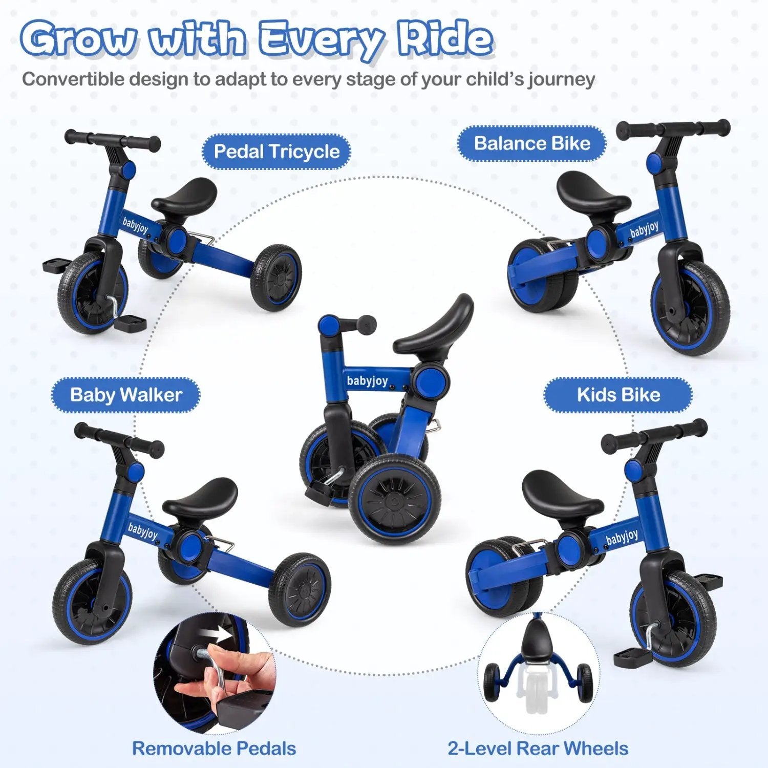 5-In-1 Toddler Bike Kids Balance Bike with Removable Pedals by DirectDeals