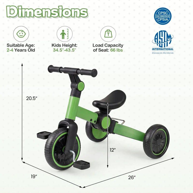 5-In-1 Toddler Bike Kids Balance Bike with Removable Pedals by DirectDeals
