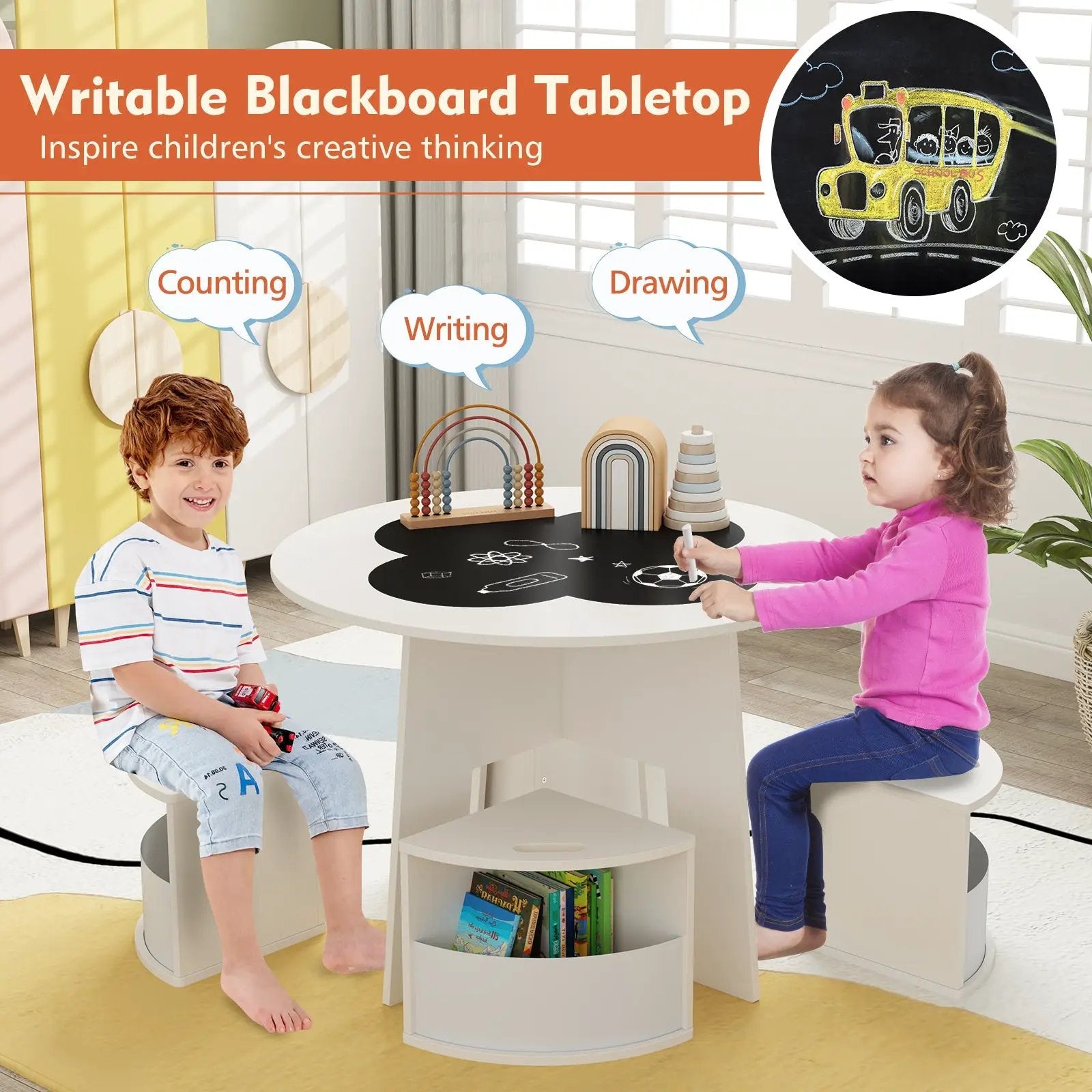 5 PCS Kids Table and Chair Set with Storage Stools for Activity-White by DirectDeals