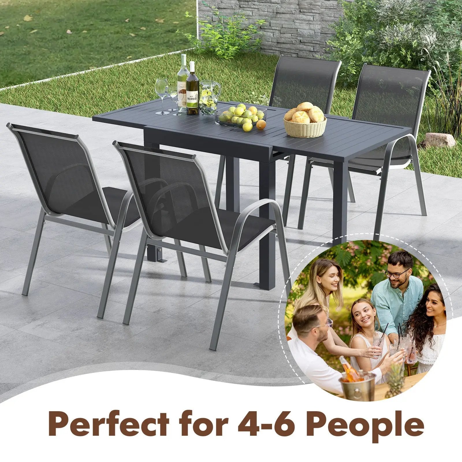 Outdoor Dining Table Set with Extendable Aluminum Table and 4 Stackable Chairs by DirectDeals