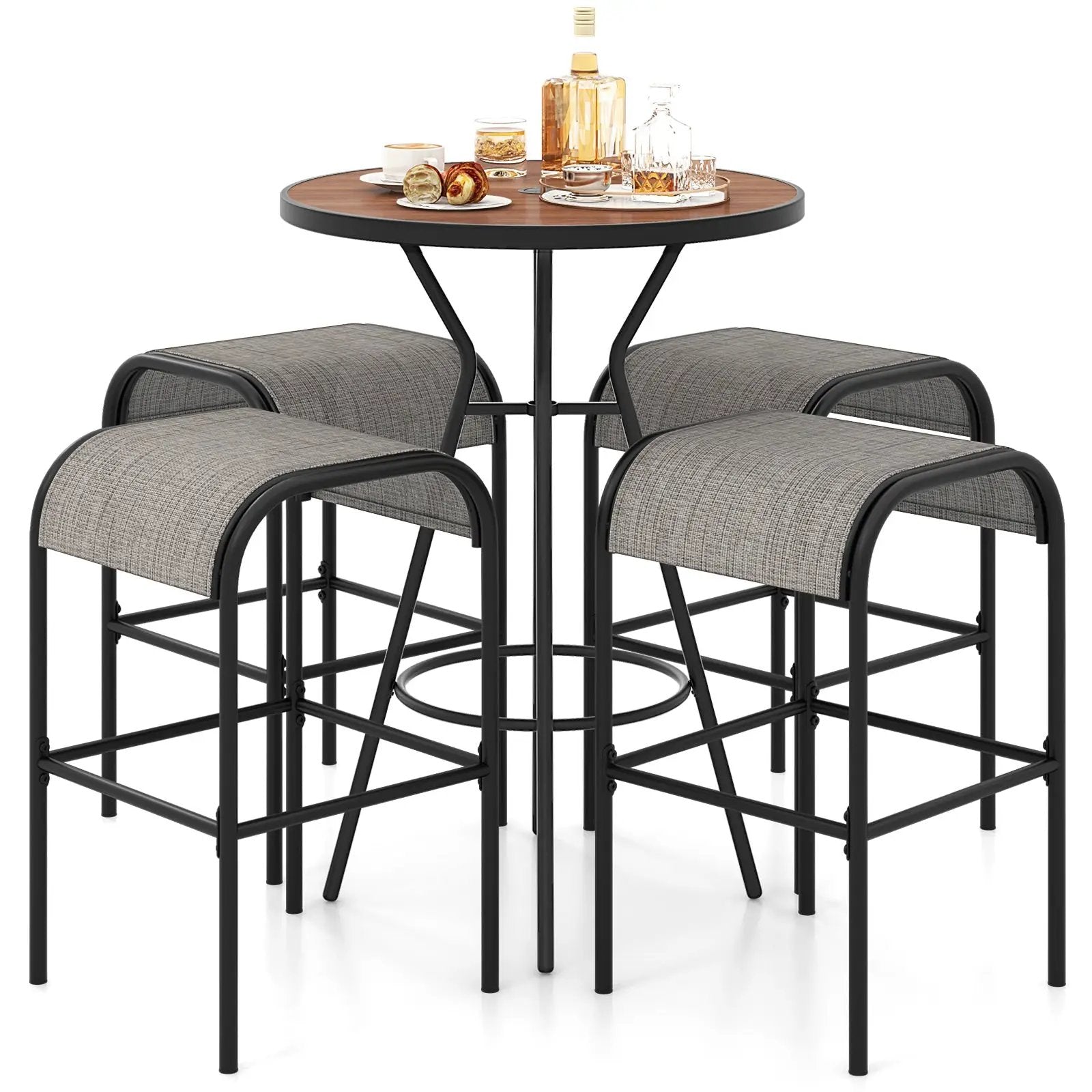 5 Pieces Outdoor Round Bar Table Set with 1.6 Inches Umbrella Hole by DirectDeals