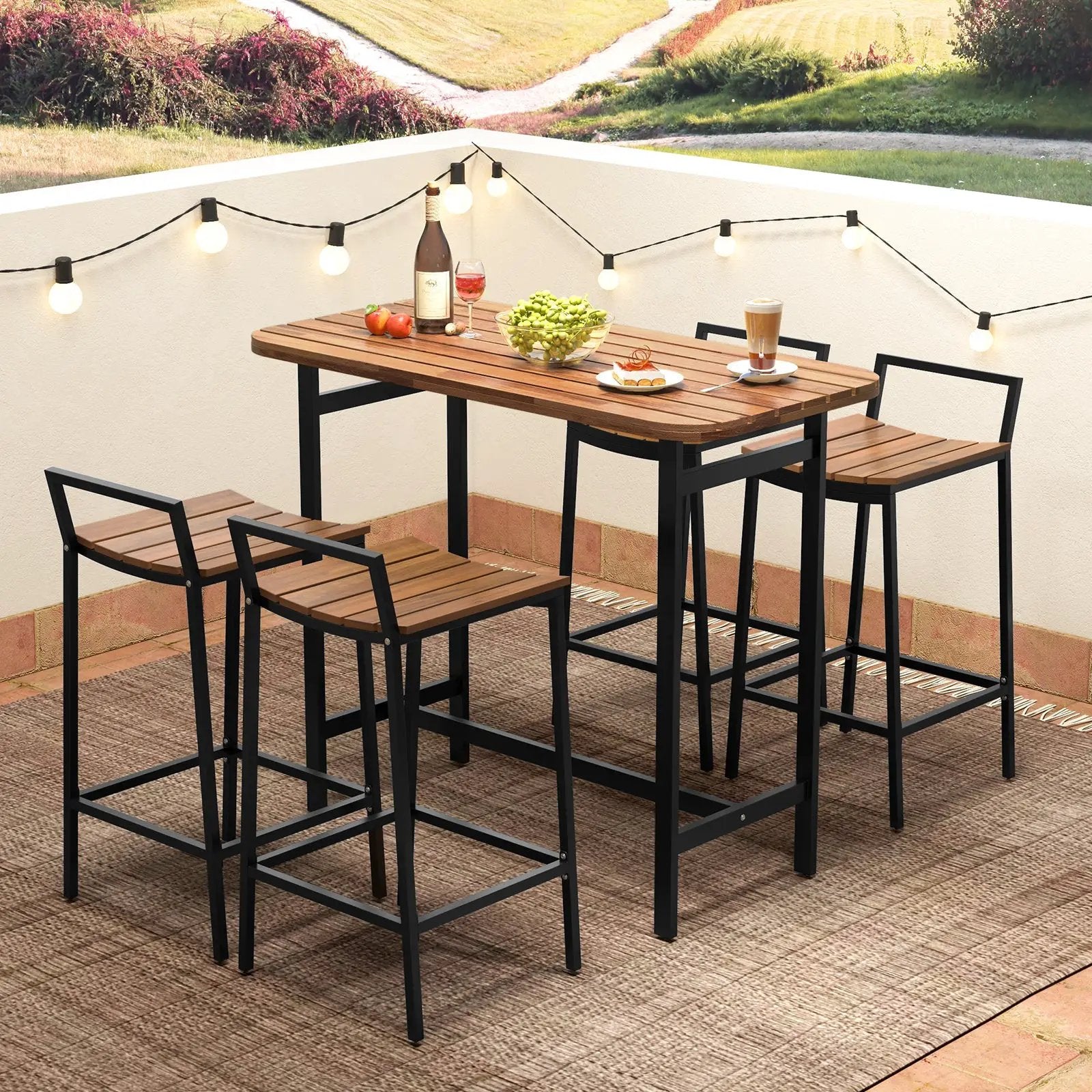 5 Piece Acacia Wood Bar Table Set Bar Height Table and Chairs with Metal Frame and Footrest by DirectDeals