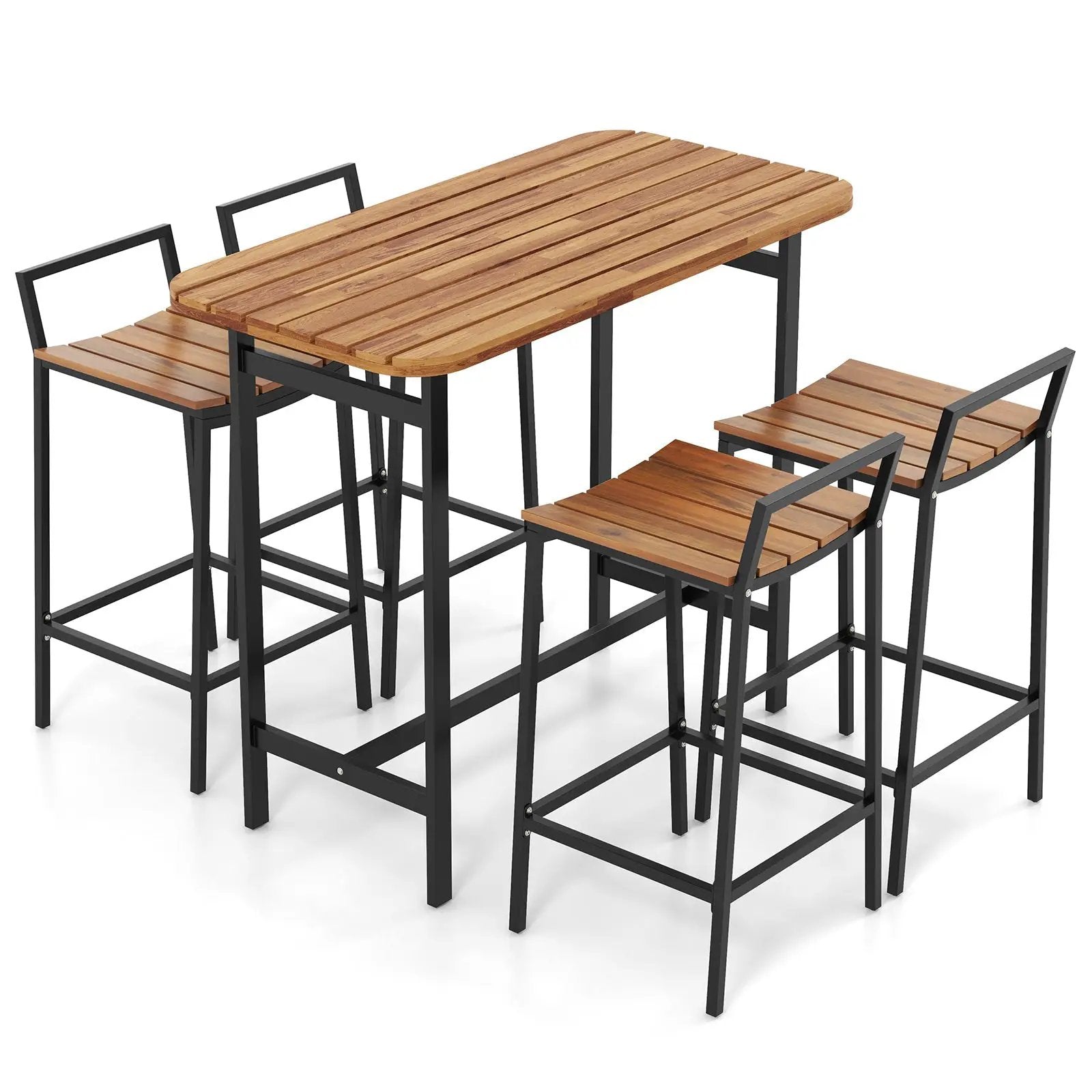 5 Piece Acacia Wood Bar Table Set Bar Height Table and Chairs with Metal Frame and Footrest by DirectDeals