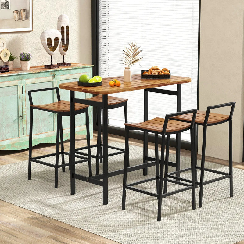 5 Piece Acacia Wood Bar Table Set Bar Height Table and Chairs with Metal Frame and Footrest by DirectDeals