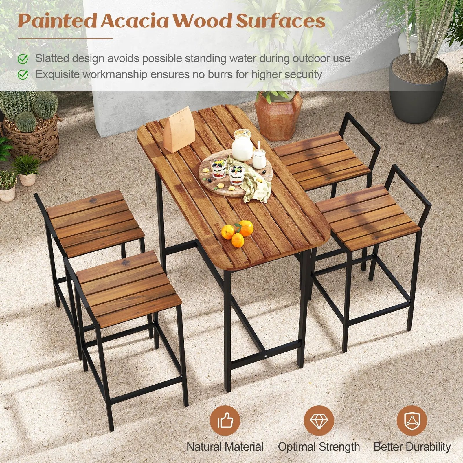 5 Piece Acacia Wood Bar Table Set Bar Height Table and Chairs with Metal Frame and Footrest by DirectDeals