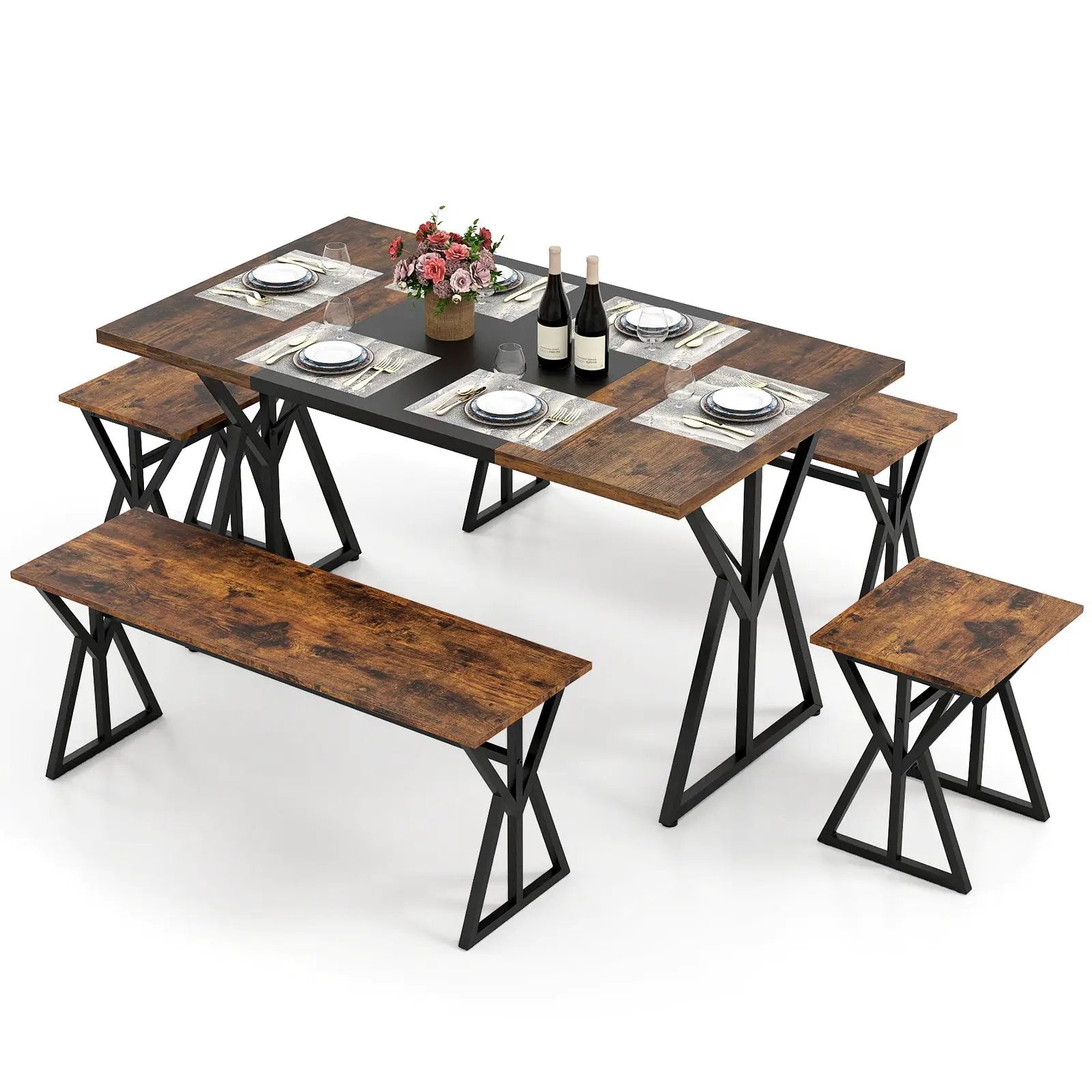 5-Piece Dining Room Set Industrial Rectangular Kitchen Table with 2 Benches and 2 Stools-Rustic Brown by DirectDeals