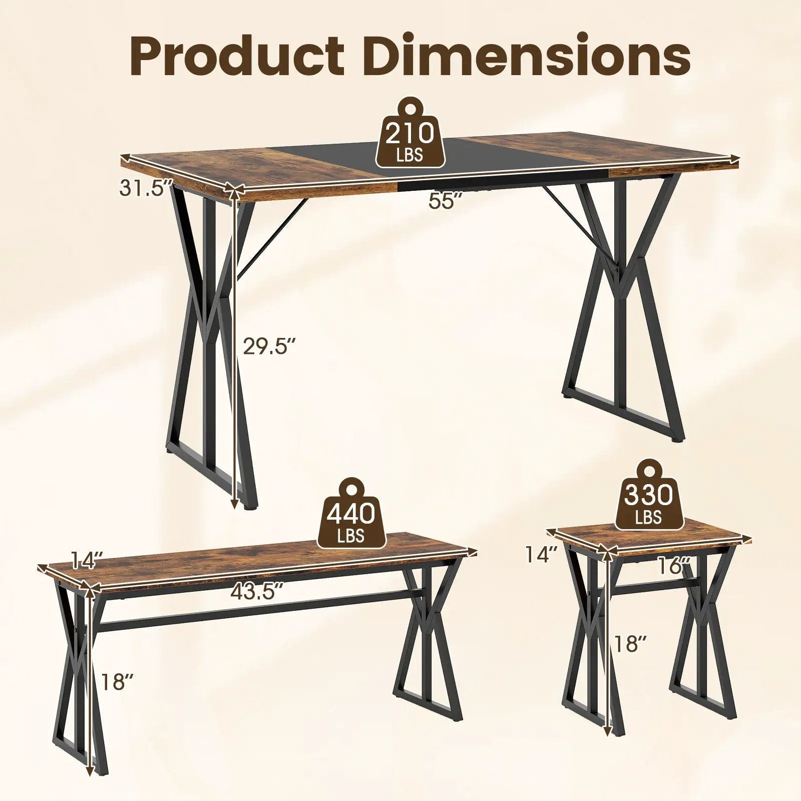 5-Piece Dining Room Set Industrial Rectangular Kitchen Table with 2 Benches and 2 Stools-Rustic Brown by DirectDeals