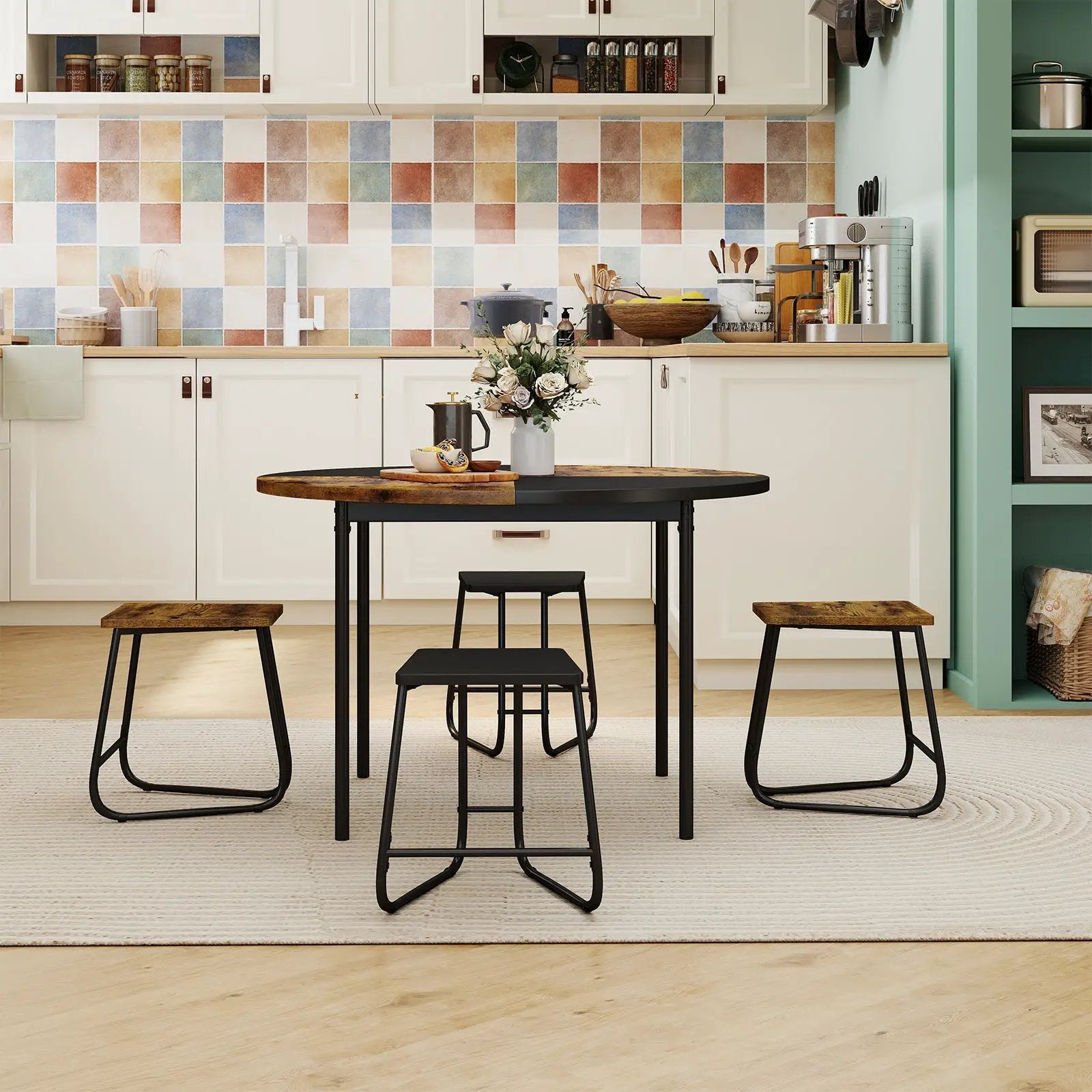 5-Piece Dining Set for 4 47 Inch Round Kitchen Table and 4 Stools-Brown by DirectDeals