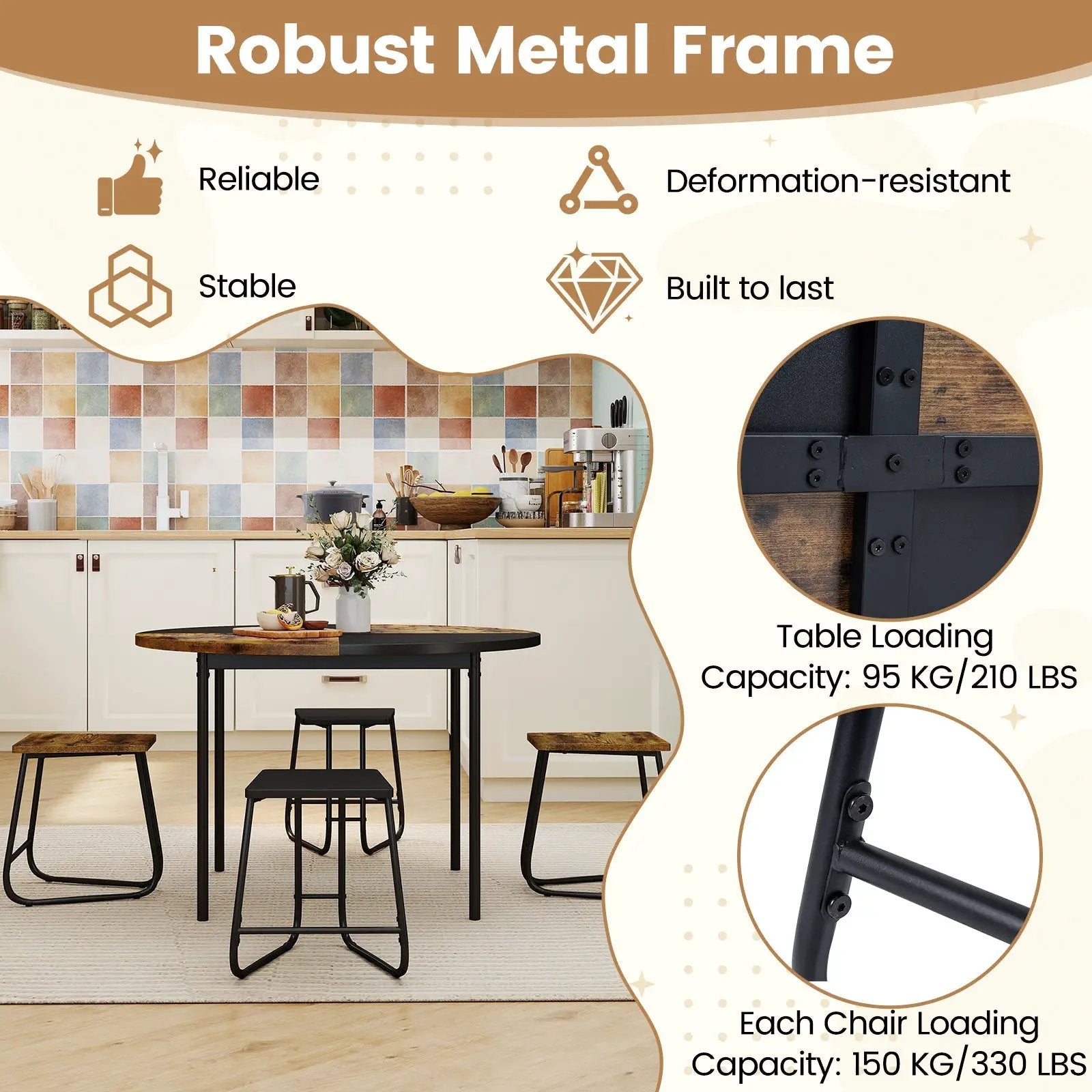 5-Piece Dining Set for 4 47 Inch Round Kitchen Table and 4 Stools-Brown by DirectDeals