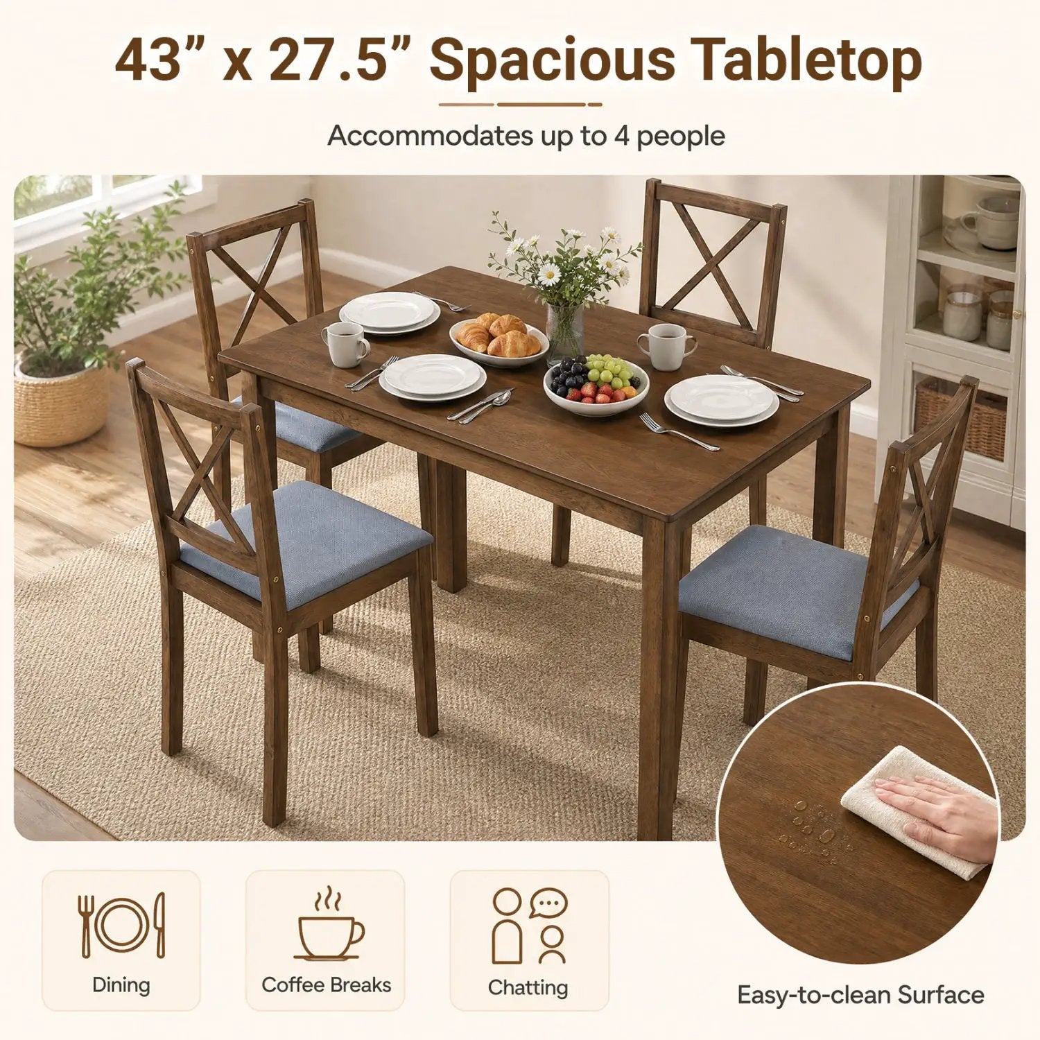 5-Piece Dining Set with Rectangular Table & Fabric Chairs by DirectDeals
