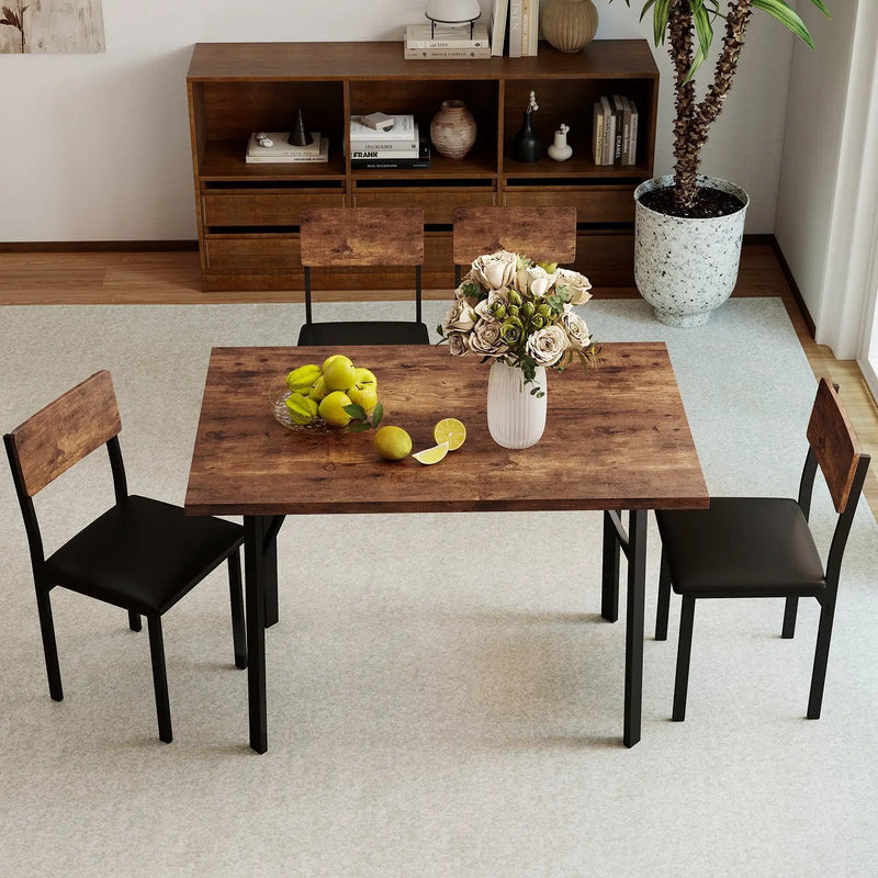 5-Piece Dining Table Set for 4 People Industrial Kitchen Table and 4 PU Leather Chairs-Brown by DirectDeals