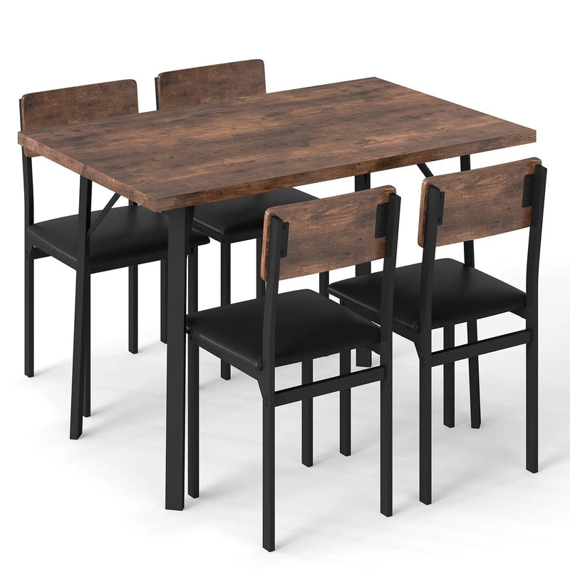 5-Piece Dining Table Set for 4 People Industrial Kitchen Table and 4 PU Leather Chairs-Brown by DirectDeals