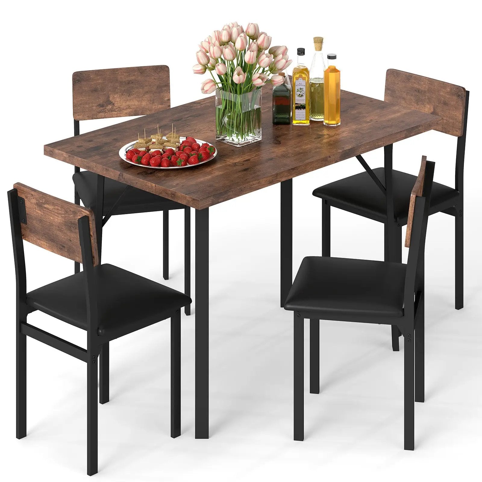 5-Piece Dining Table Set for 4 People Industrial Kitchen Table and 4 PU Leather Chairs-Brown by DirectDeals