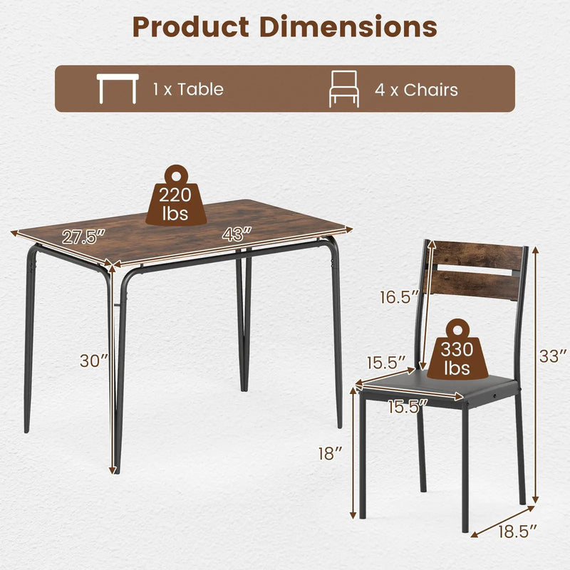 5-Piece Dining Table Set Industrial Rectangular Kitchen Table and 4 Armless Chairs-Rustic Brown by DirectDeals
