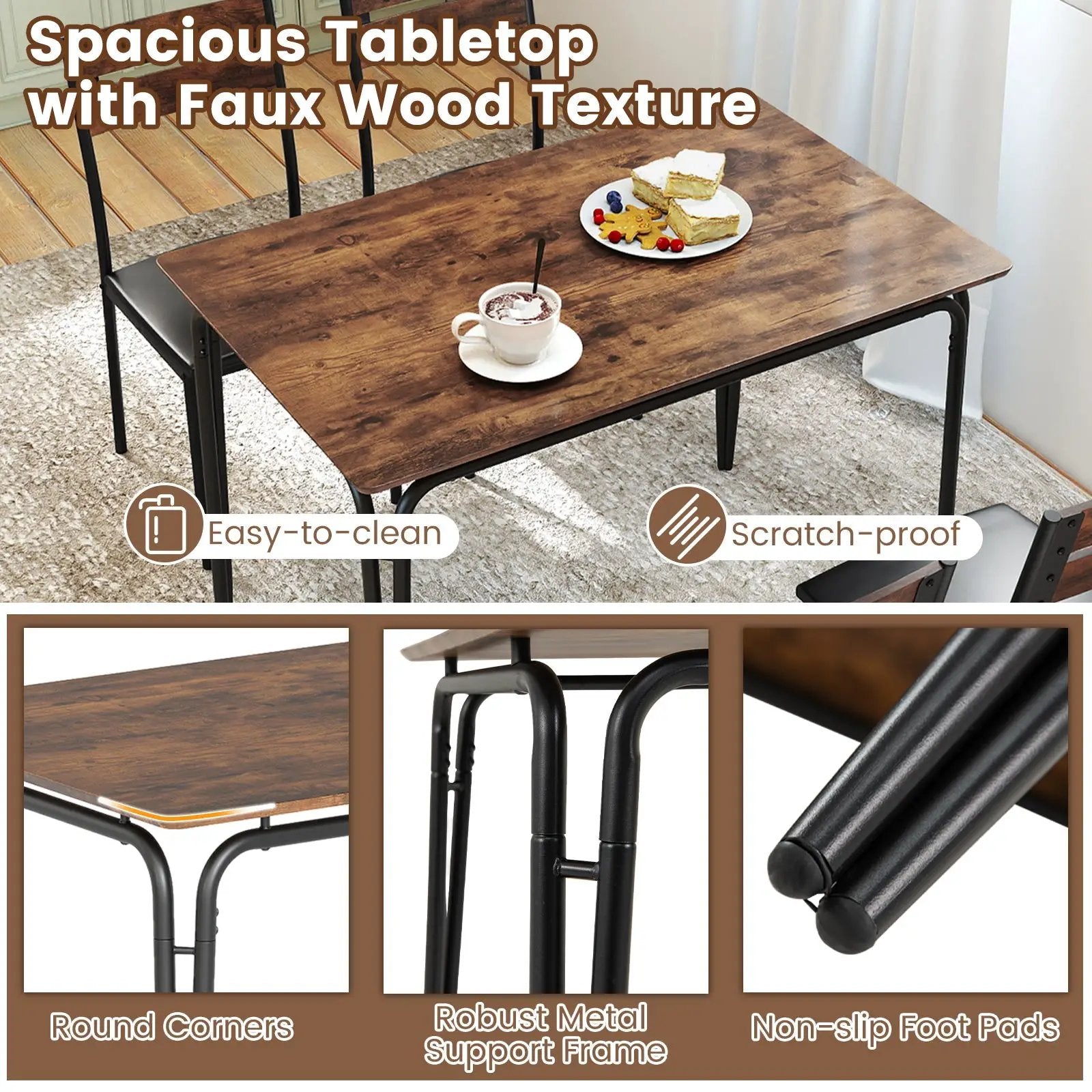 5-Piece Dining Table Set Industrial Rectangular Kitchen Table and 4 Armless Chairs-Rustic Brown by DirectDeals