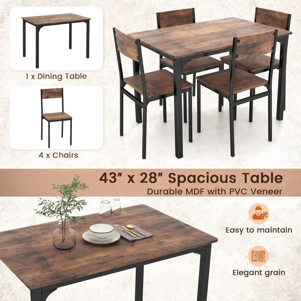 5 Piece Dining Table Set Industrial Style Kitchen Table and Chairs for 4 by DirectDeals