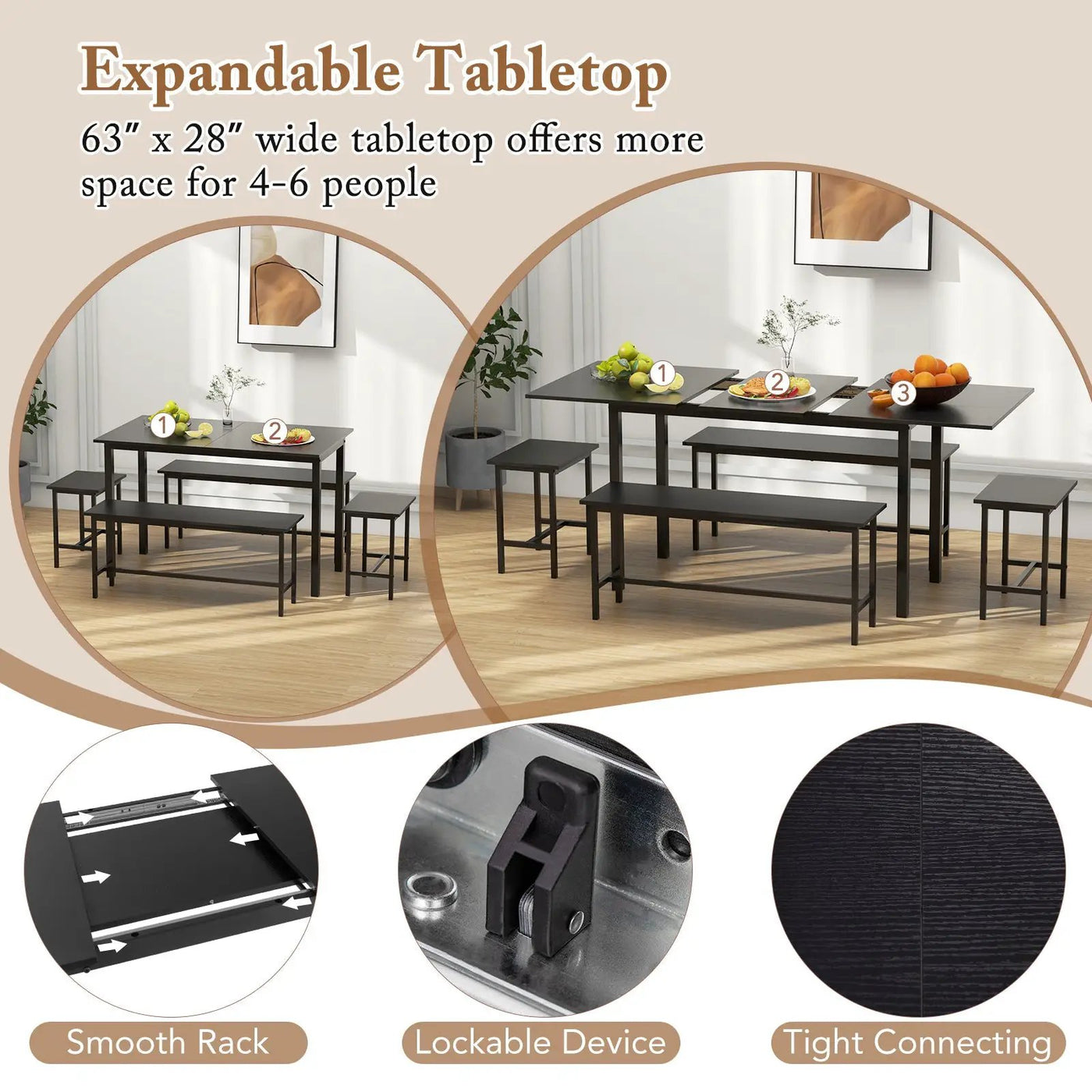 5 Piece Dining Table Set for 4-6 with 2 Benches & 2 Stools for Kitchen Dining Room by DirectDeals