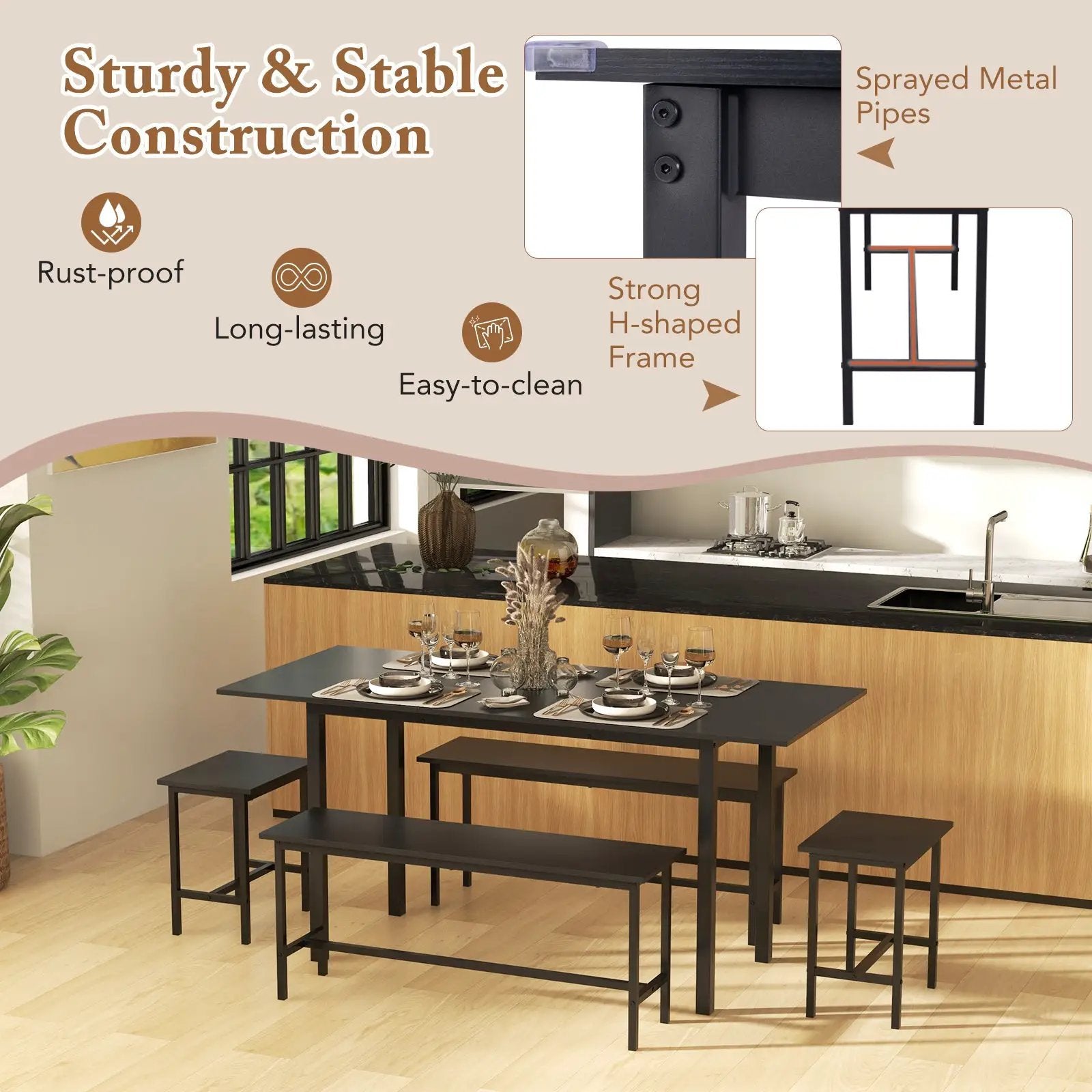 5 Piece Dining Table Set for 4-6 with 2 Benches & 2 Stools for Kitchen Dining Room by DirectDeals