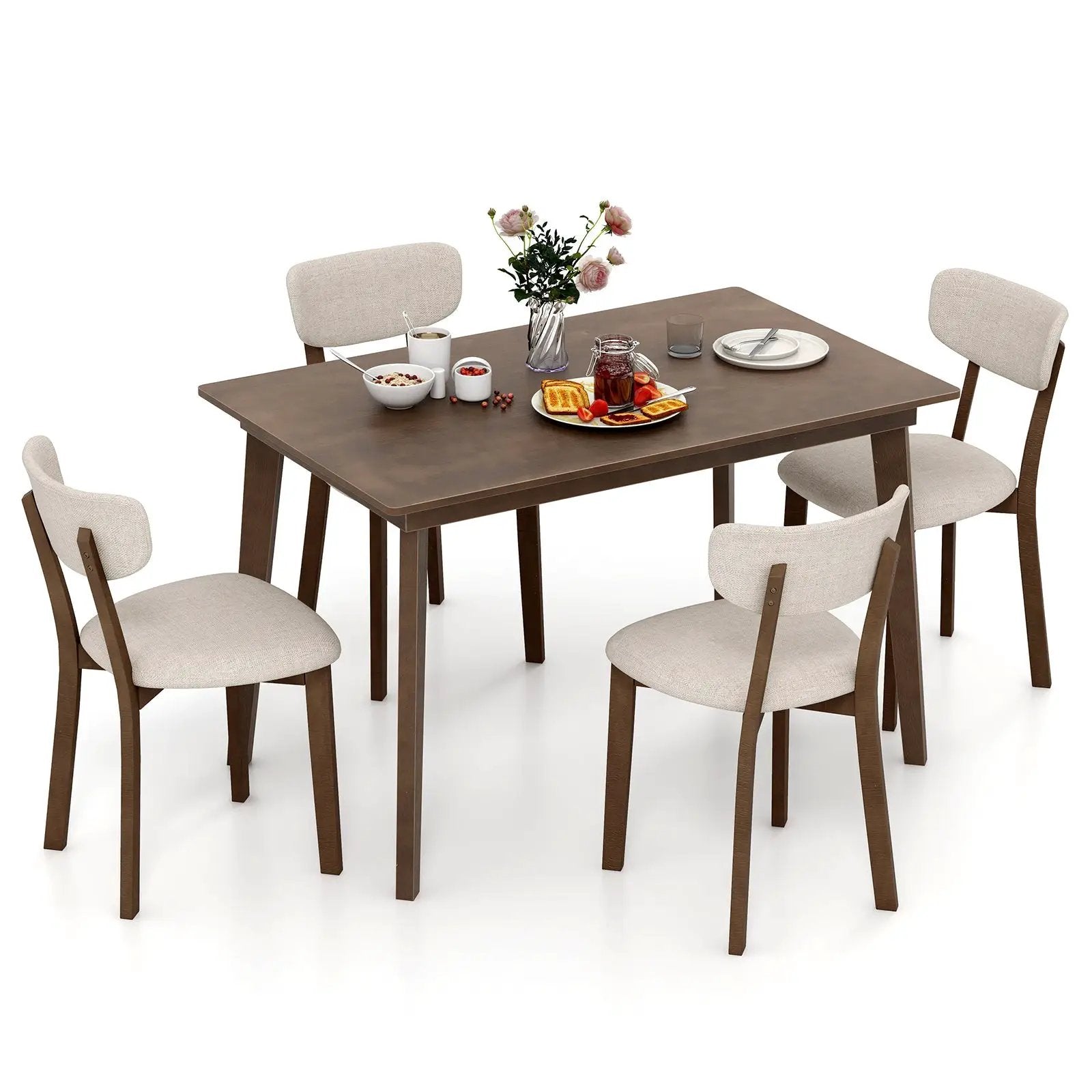 5-Piece Dining Table Set for 4 with Rubber Wood Frame and Padded Set-Brown by DirectDeals