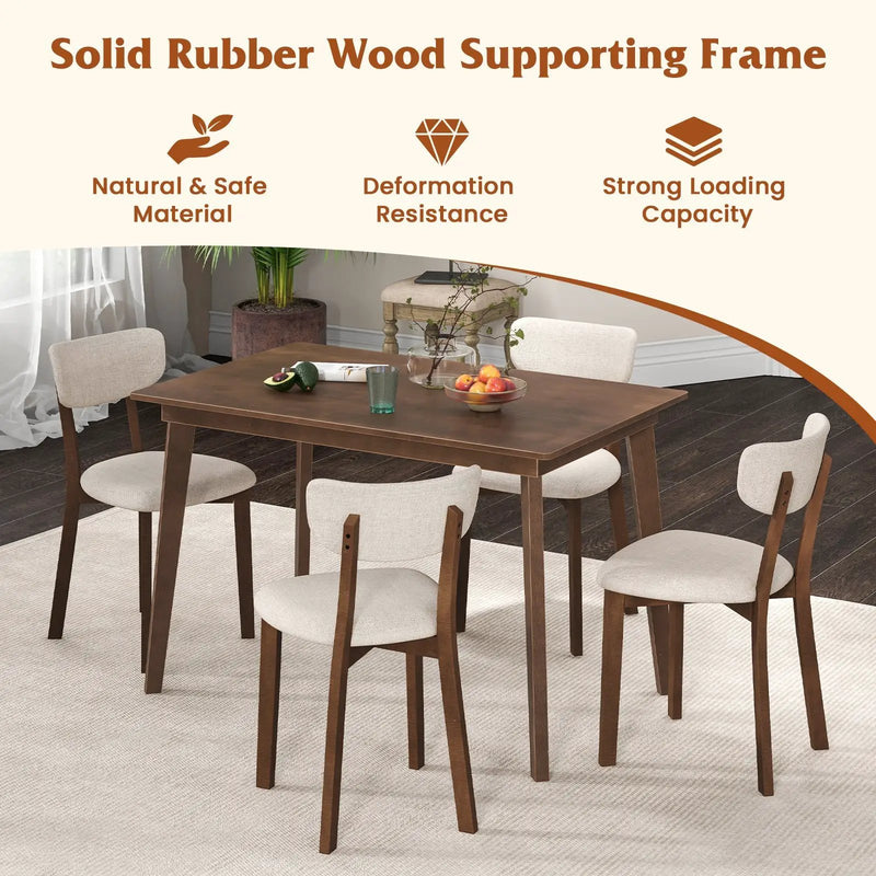 5-Piece Dining Table Set for 4 with Rubber Wood Frame and Padded Set-Brown by DirectDeals