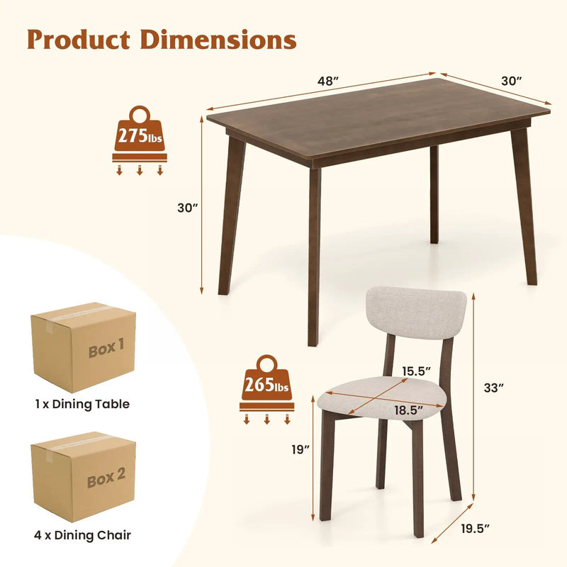 5-Piece Dining Table Set for 4 with Rubber Wood Frame and Padded Set-Brown by DirectDeals