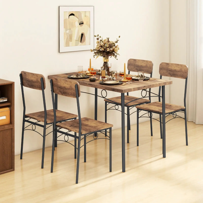 5-Piece Industrial Dining Table Set for 4 for Small Place Apartment-Brown by DirectDeals