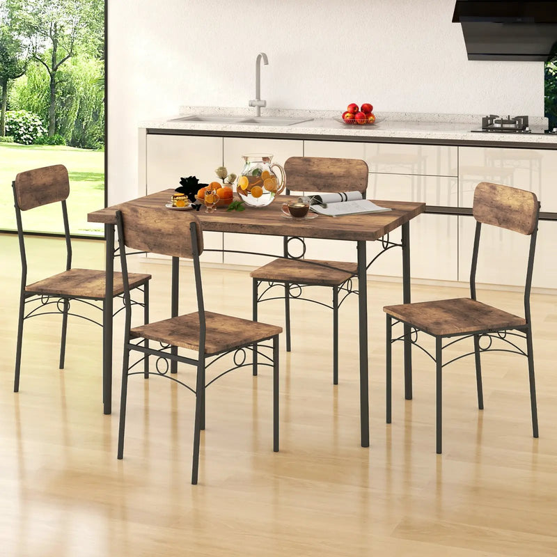 5-Piece Industrial Dining Table Set for 4 for Small Place Apartment-Brown by DirectDeals