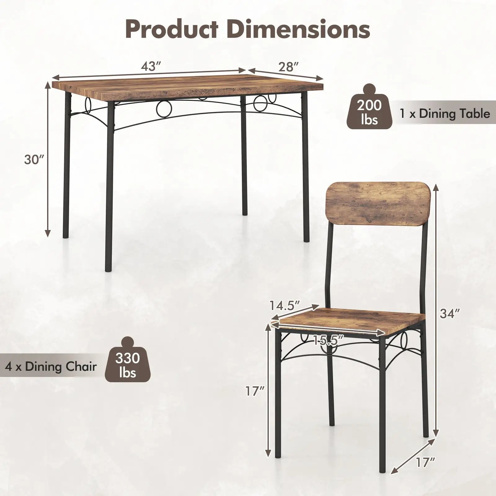 5-Piece Industrial Dining Table Set for 4 for Small Place Apartment-Brown by DirectDeals