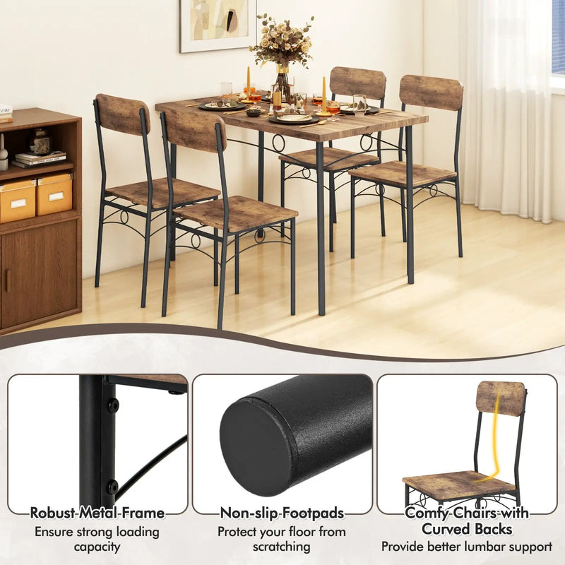 5-Piece Industrial Dining Table Set for 4 for Small Place Apartment-Brown by DirectDeals