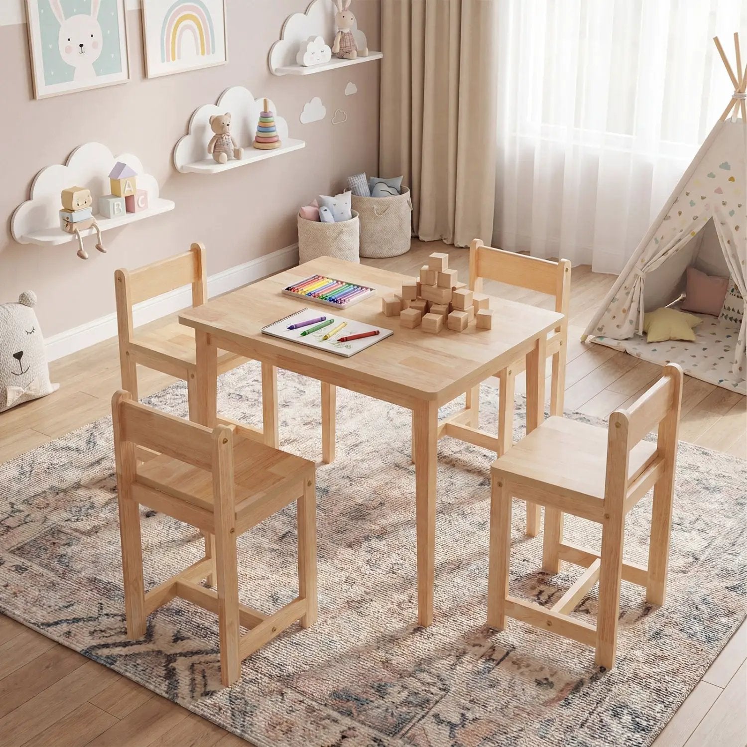 5-Piece Kids Table and Chairs Set Solid Rubber Wood Toddler Activity Table by DirectDeals