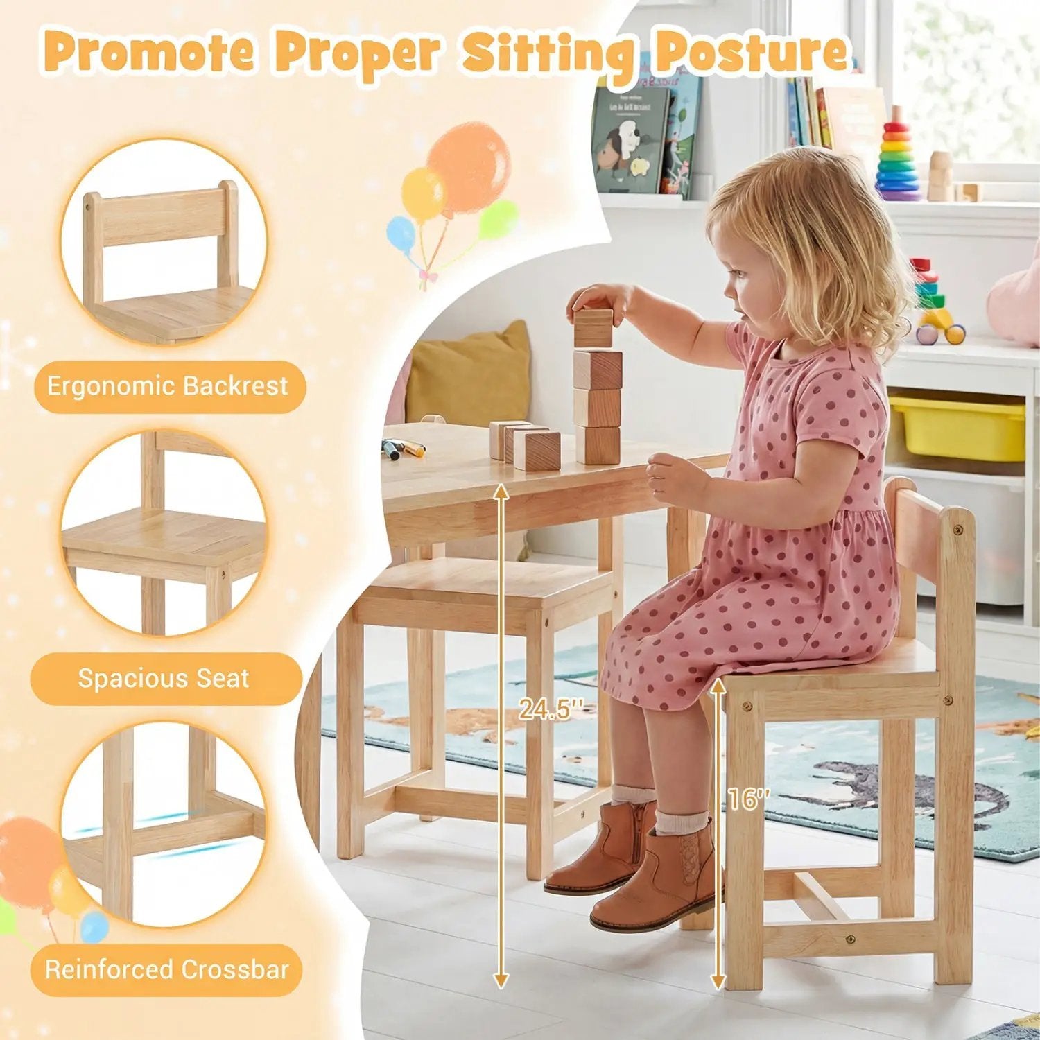 5-Piece Kids Table and Chairs Set Solid Rubber Wood Toddler Activity Table by DirectDeals
