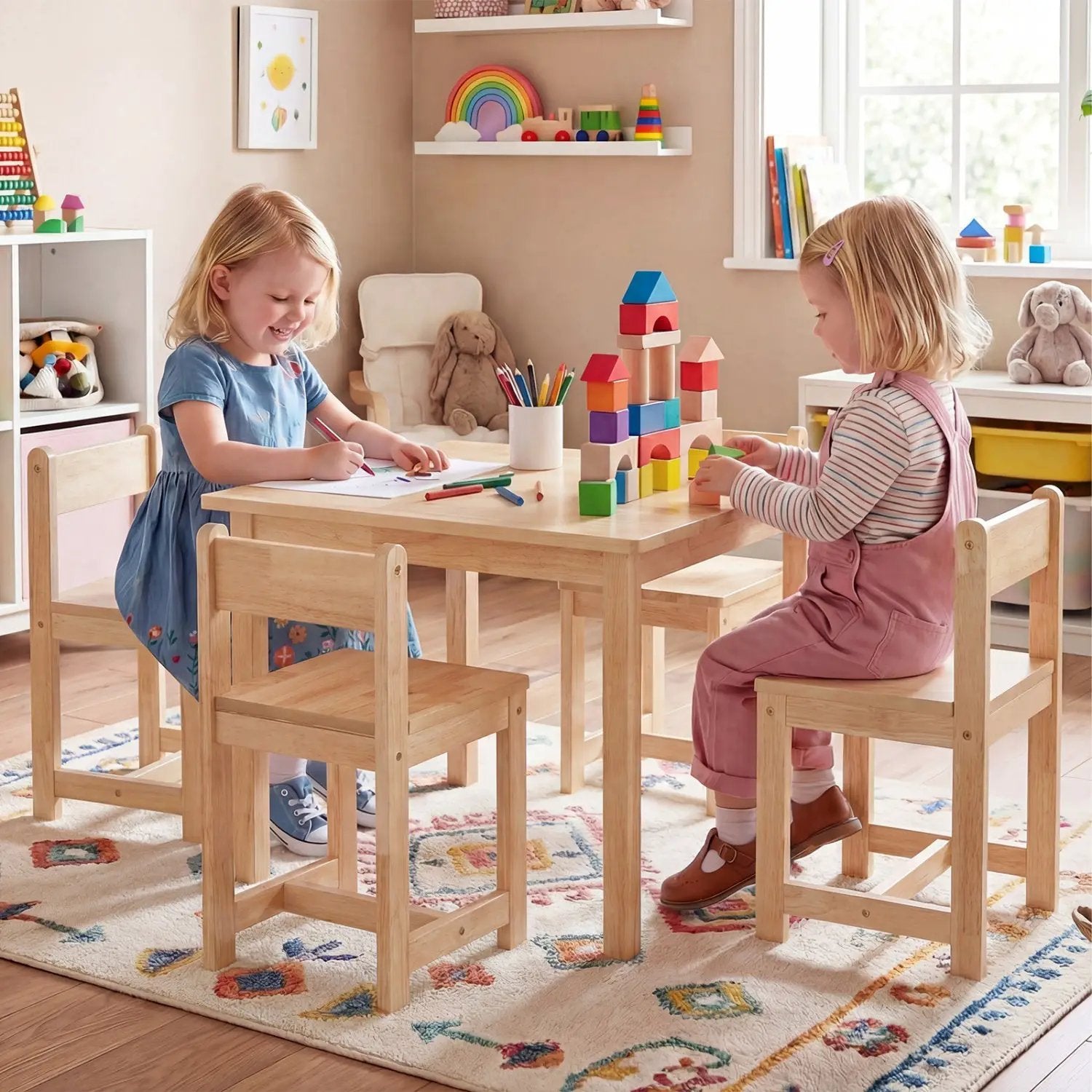 5-Piece Kids Table and Chairs Set Solid Rubber Wood Toddler Activity Table by DirectDeals