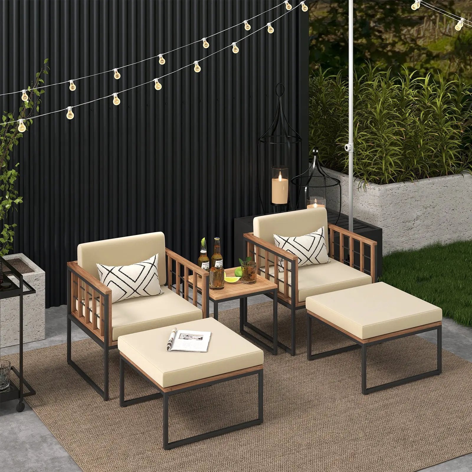 5 Piece Outdoor Furniture Set Acacia Wood Chair Set with Ottomans and Coffee Table-Beige by DirectDeals
