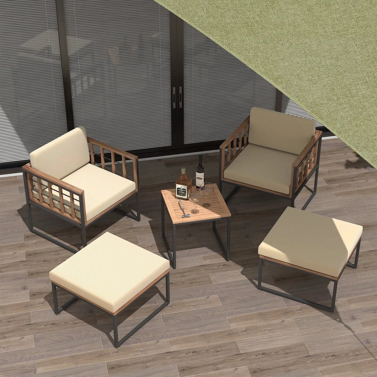 5 Piece Outdoor Furniture Set Acacia Wood Chair Set with Ottomans and Coffee Table-Beige by DirectDeals