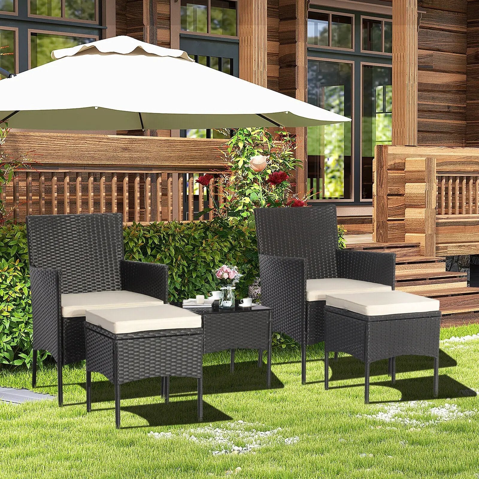 5 Pieces Outdoor Wicker Sofa Set with Coffee Table and 2 Ottomans by DirectDeals
