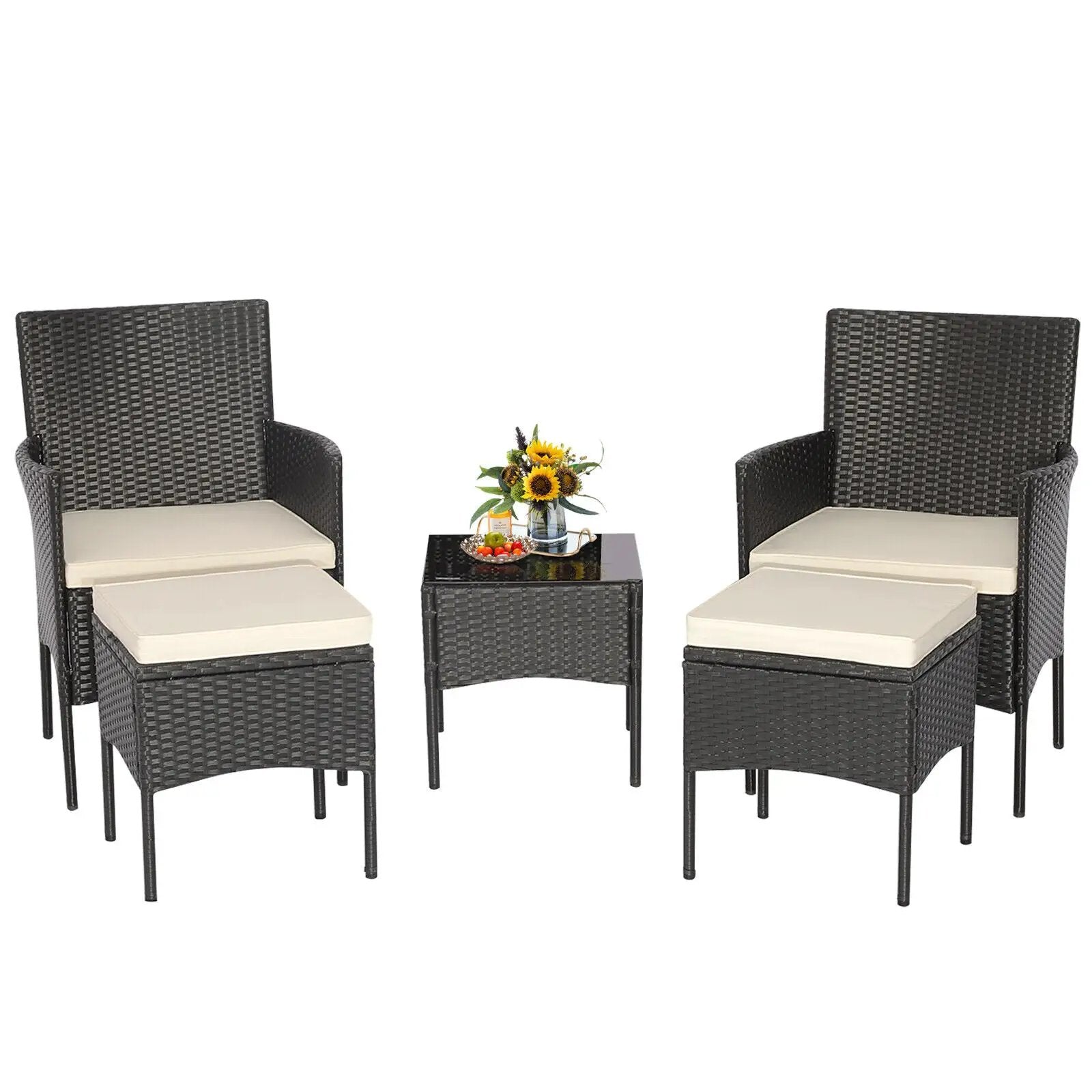 5 Pieces Outdoor Wicker Sofa Set with Coffee Table and 2 Ottomans by DirectDeals