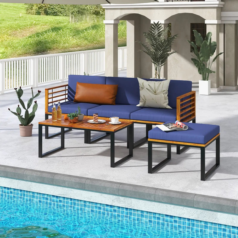 5-Piece Patio Acacia Wood Chair Set with Ottoman and Coffee Table-Navy by DirectDeals