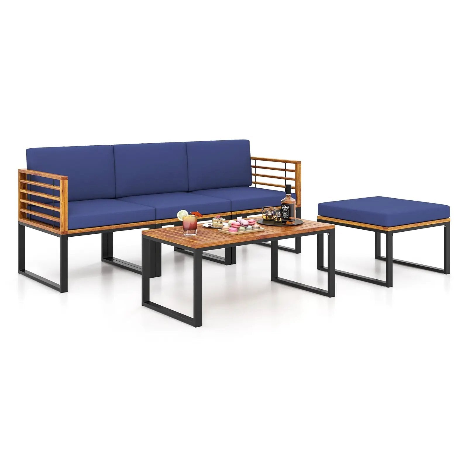 5-Piece Patio Acacia Wood Chair Set with Ottoman and Coffee Table-Navy by DirectDeals