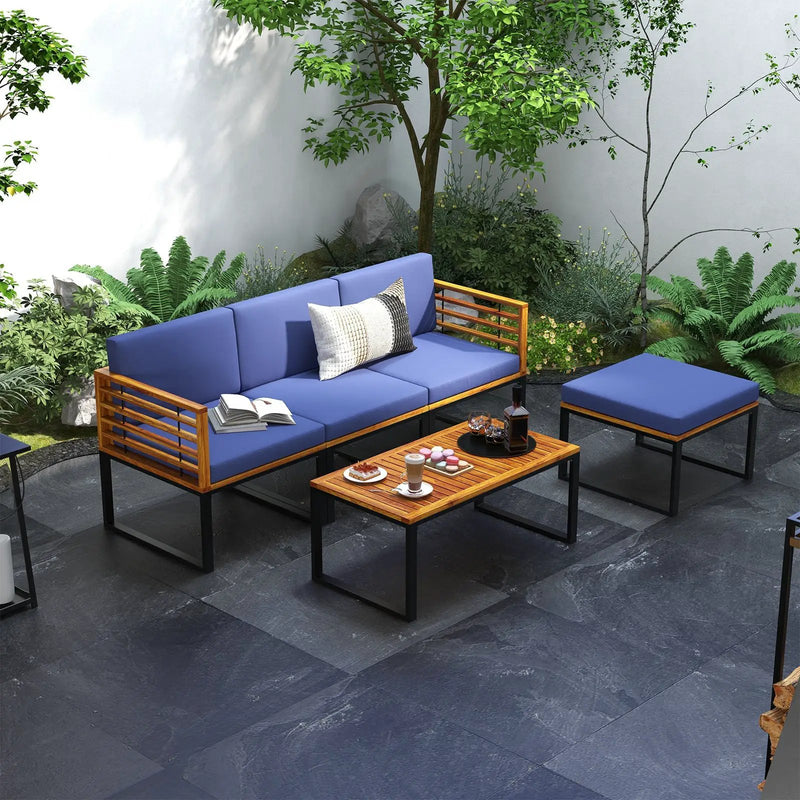 5-Piece Patio Acacia Wood Chair Set with Ottoman and Coffee Table-Navy by DirectDeals