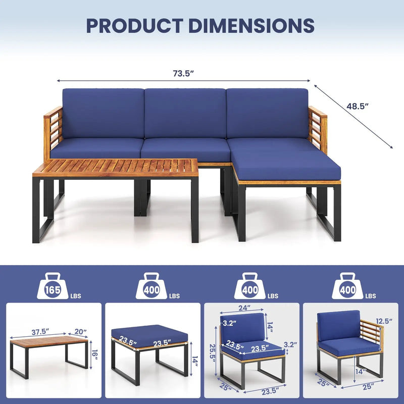 5-Piece Patio Acacia Wood Chair Set with Ottoman and Coffee Table-Navy by DirectDeals