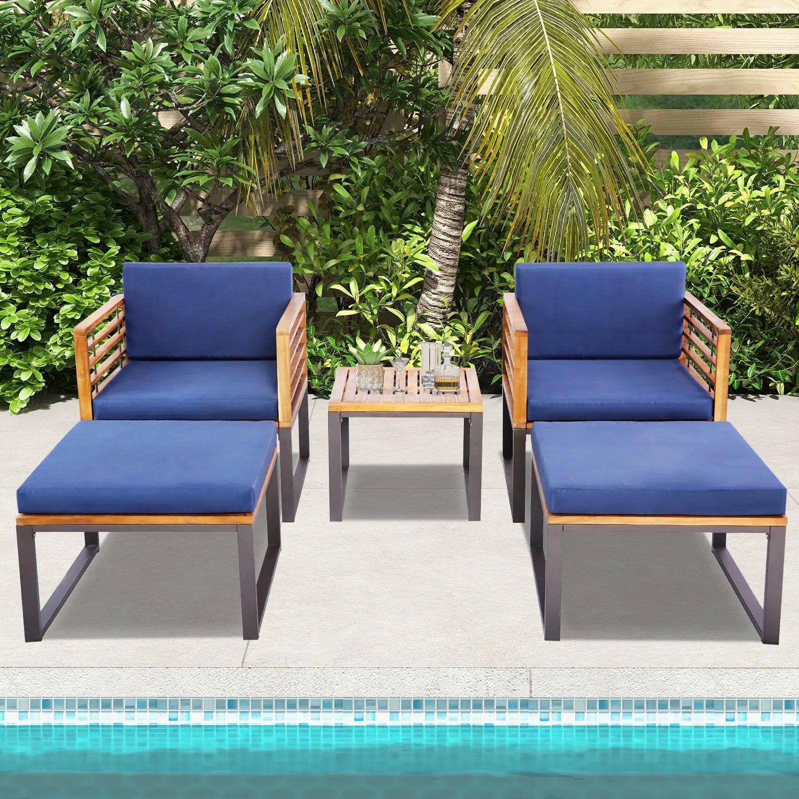 5 Piece Patio Acacia Wood Chair Set with Ottomans and Coffee Table-Navy by DirectDeals