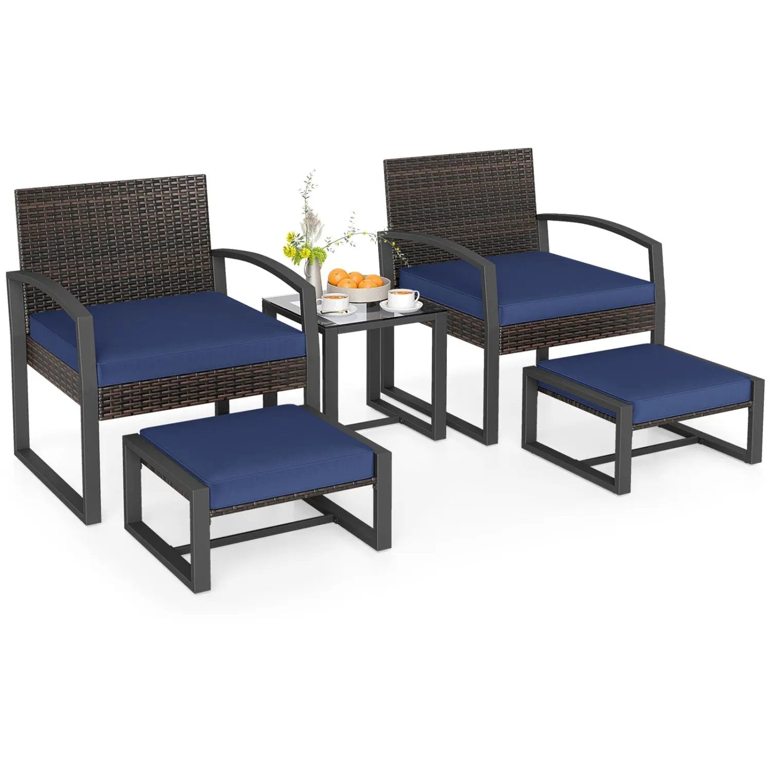 5-Piece Patio Conversation Set with 2 Ottomans and Tempered Glass Side Table by DirectDeals