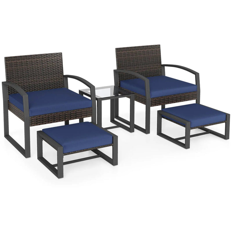 5-Piece Patio Conversation Set with 2 Ottomans and Tempered Glass Side Table by DirectDeals