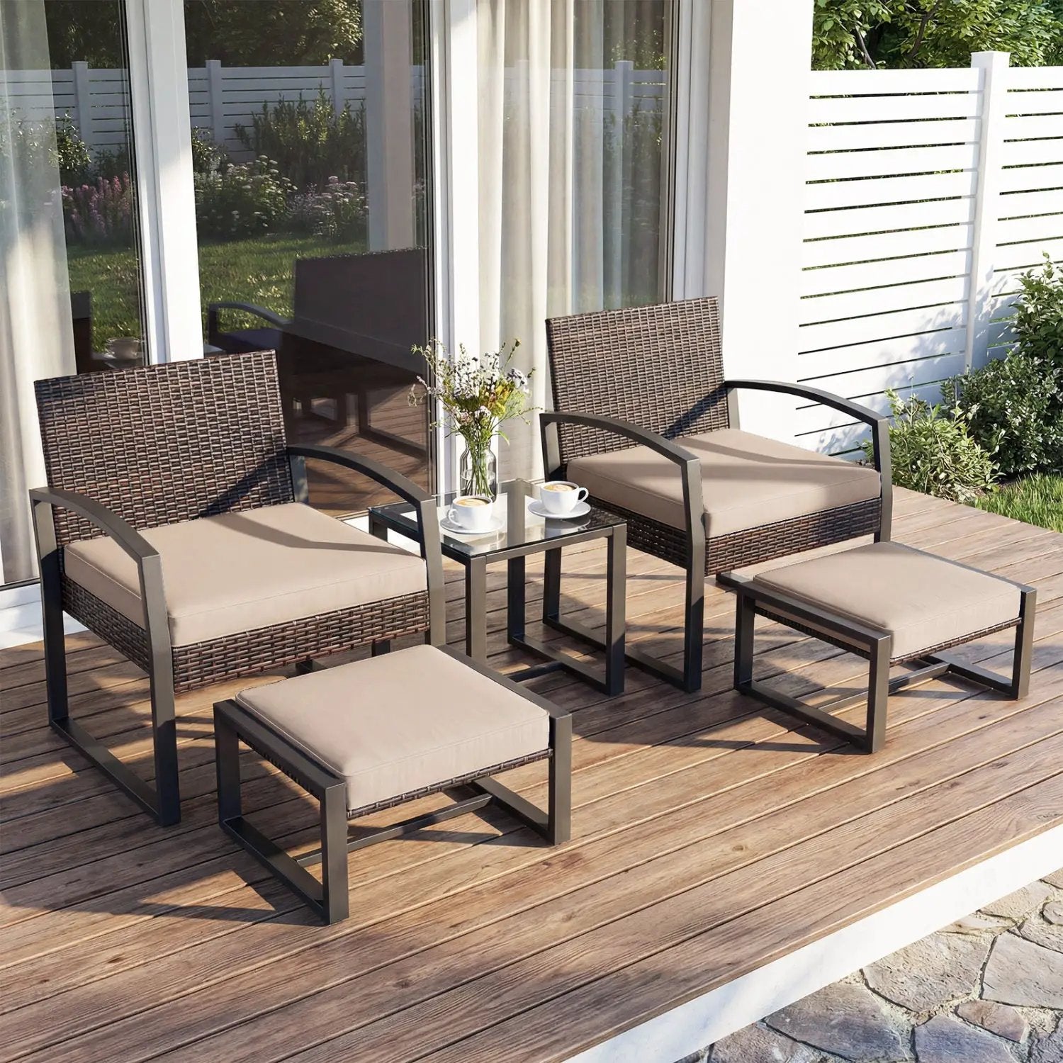 5-Piece Patio Conversation Set with 2 Ottomans and Tempered Glass Side Table by DirectDeals