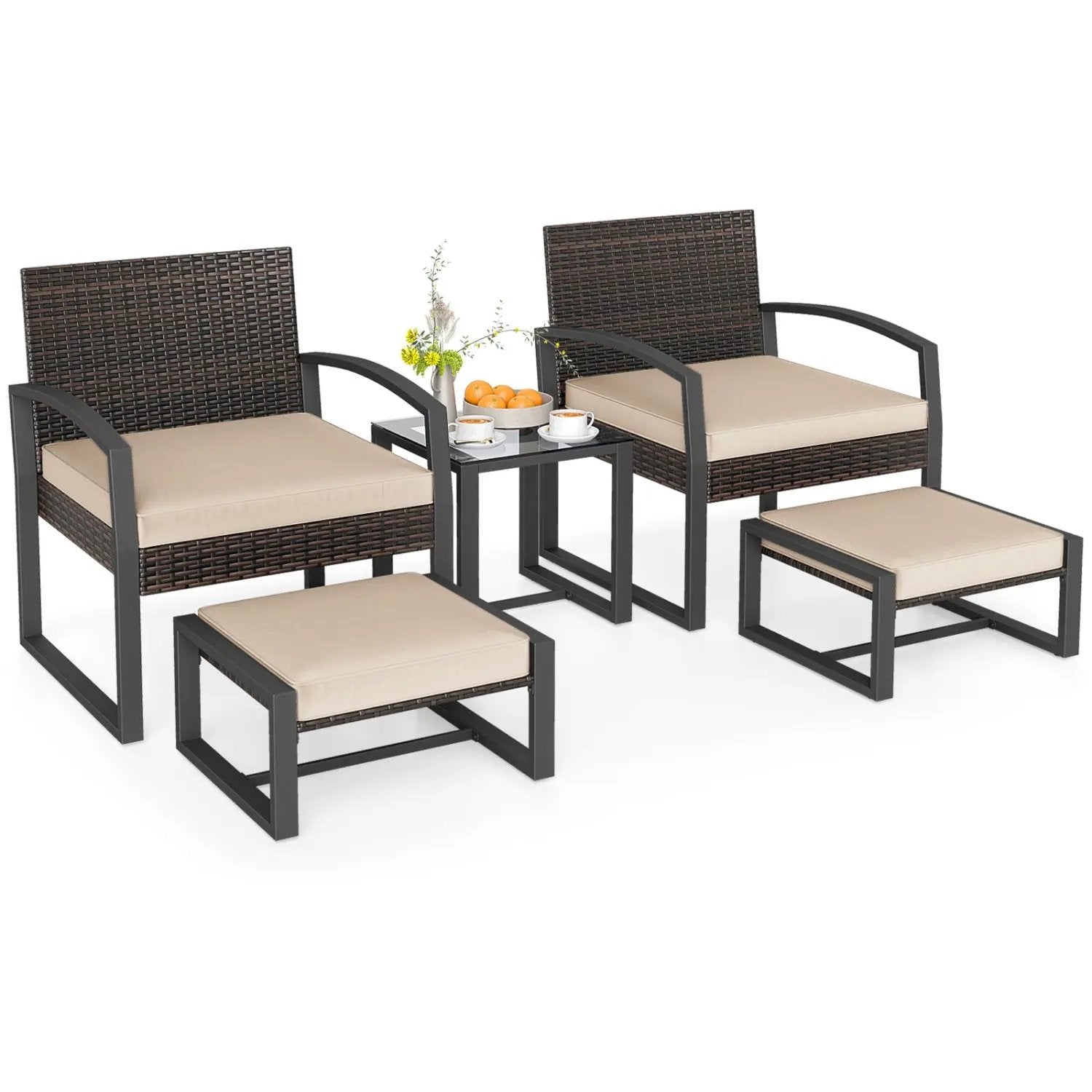 5-Piece Patio Conversation Set with 2 Ottomans and Tempered Glass Side Table by DirectDeals