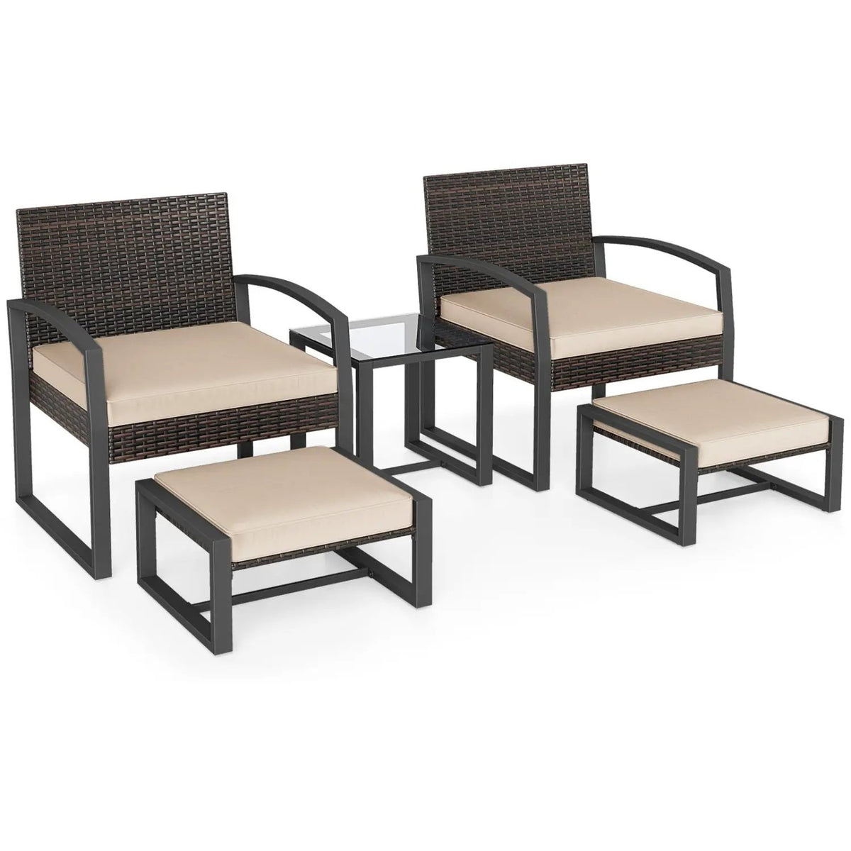 5-Piece Patio Conversation Set with 2 Ottomans and Tempered Glass Side Table by DirectDeals