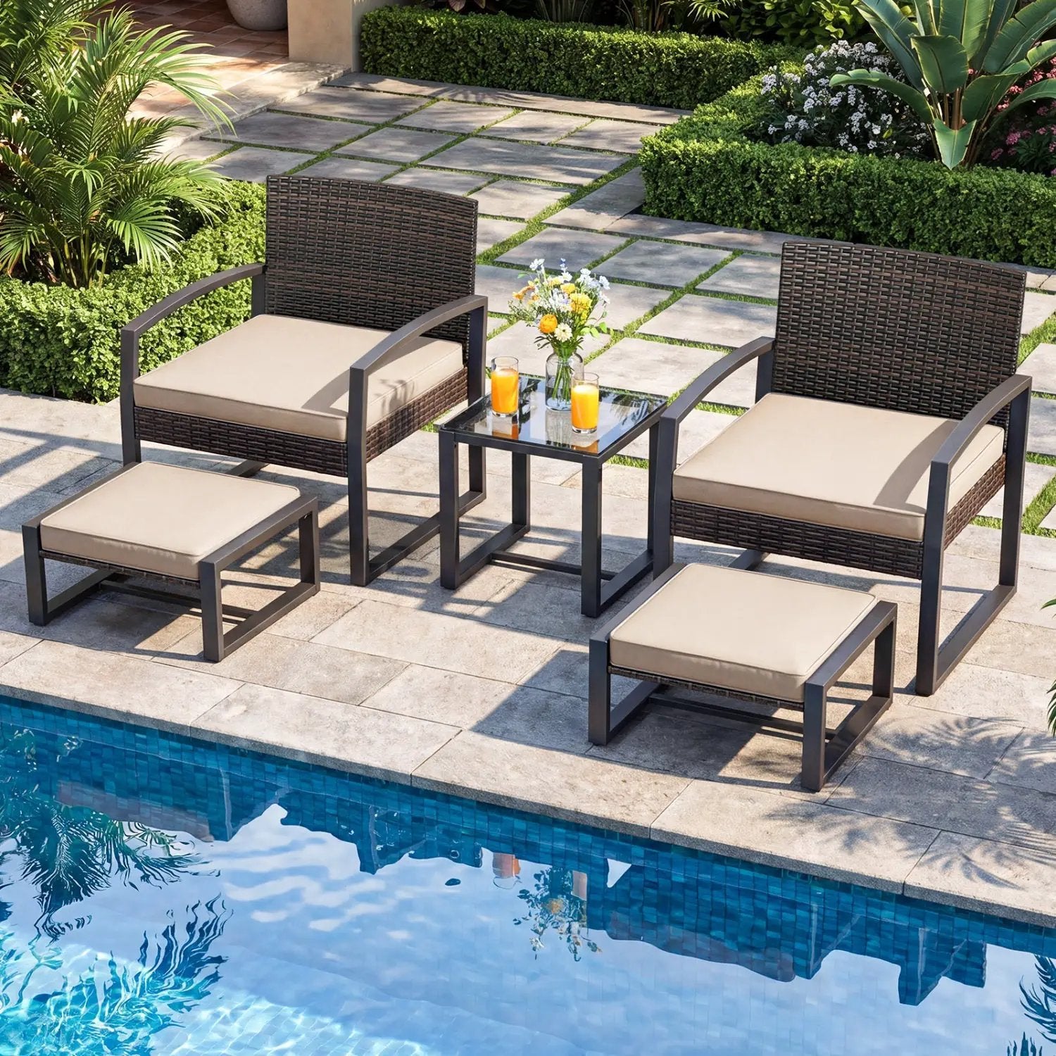5-Piece Patio Conversation Set with 2 Ottomans and Tempered Glass Side Table by DirectDeals