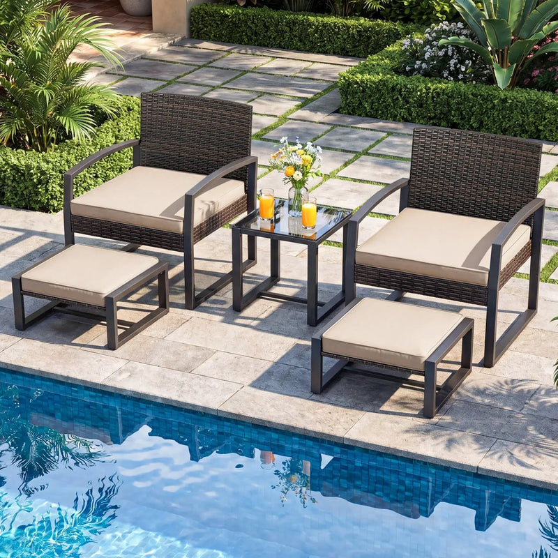 5-Piece Patio Conversation Set with 2 Ottomans and Tempered Glass Side Table by DirectDeals