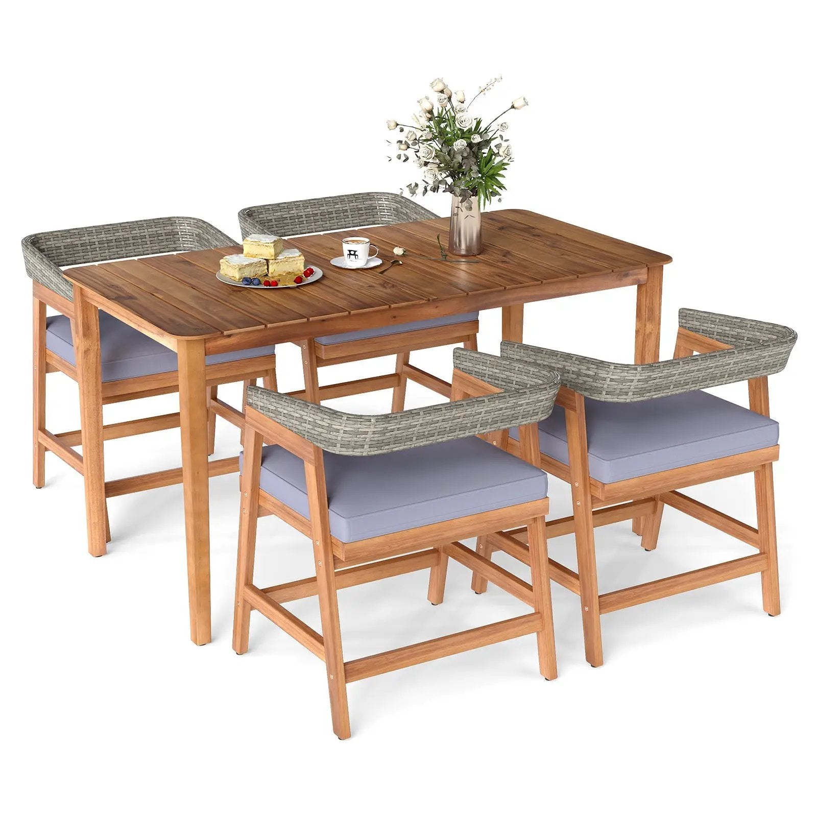 5 Piece Patio Dining Set Solid Wood with Rattan Backrest and Cushions by DirectDeals
